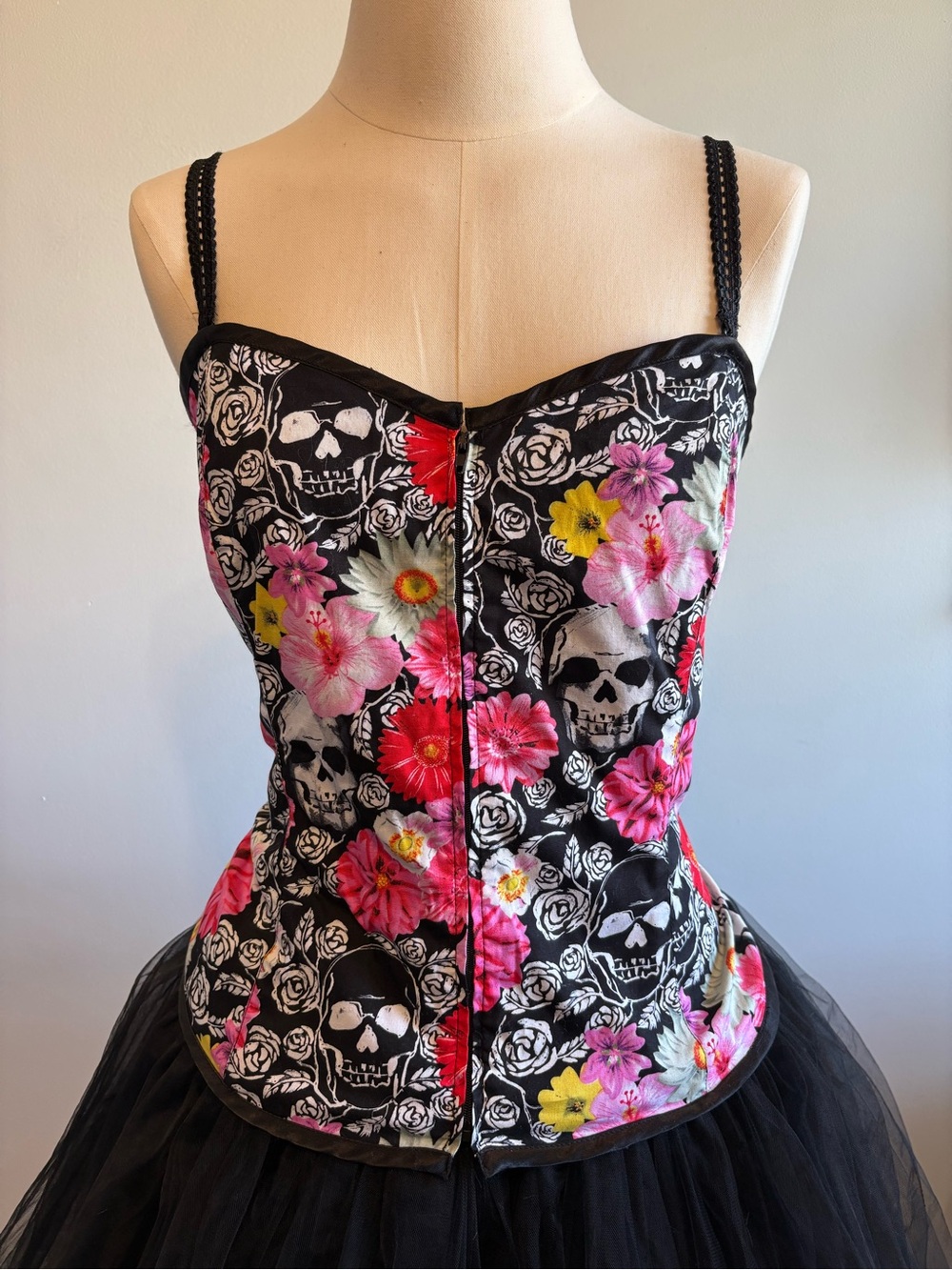 Hell Bunny Skull Floral Corset Top Lace-Up Goth Size XL